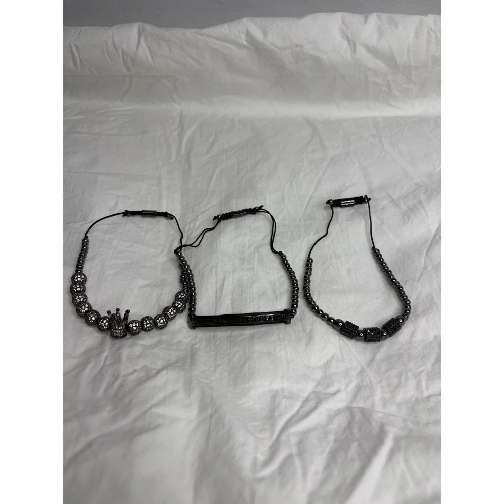 Mens Black Beaded Bracelets Crown Bar Square Accent Set 3